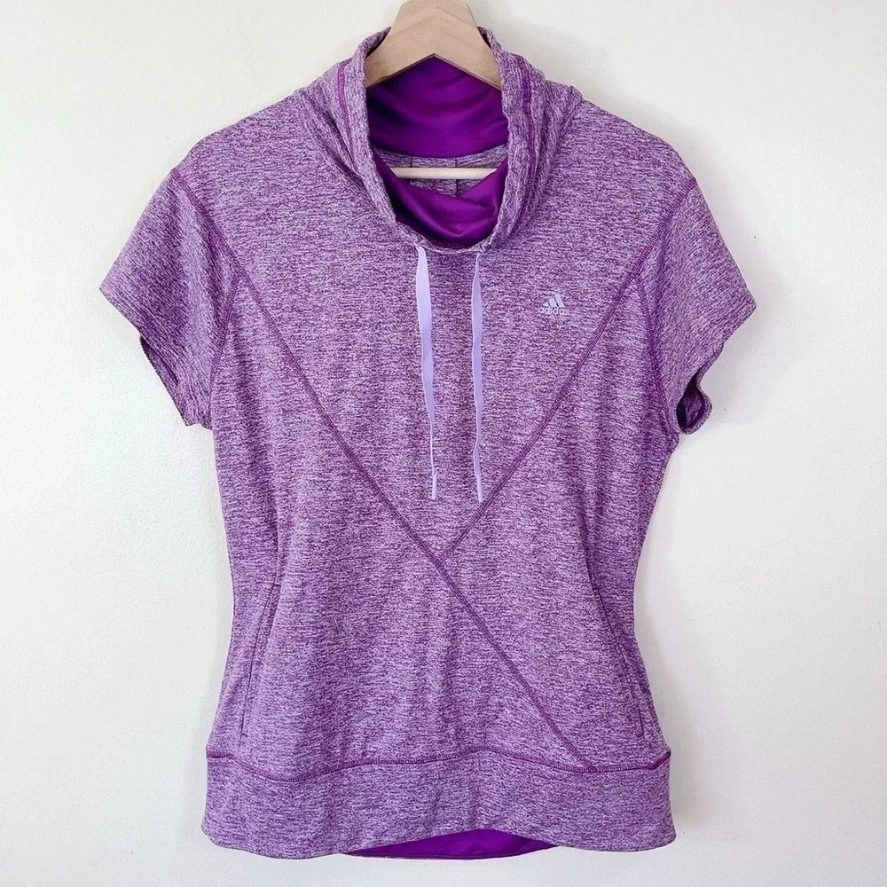 Adidas Heathered Purple Short Sleeve  Funnel Neck Kangaroo Pocket Pullover